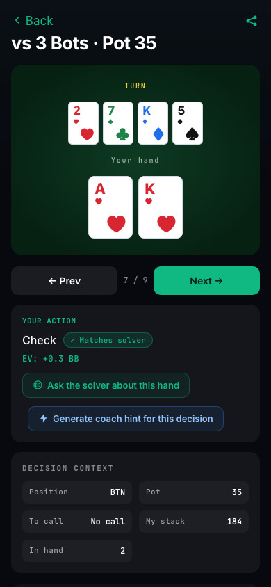 BluffKing hand history and step-by-step replay